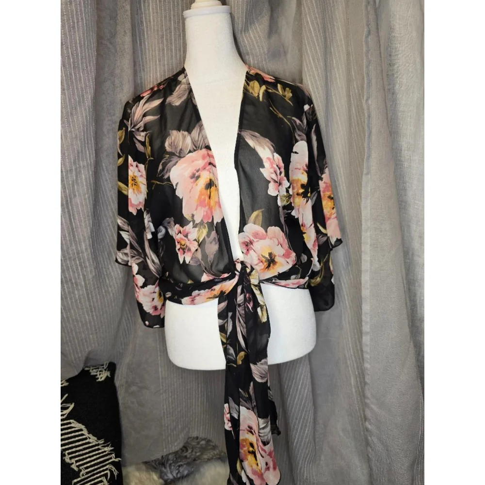 Black Whimsagoth Floral Blouse/wrap M - Picture 4 of 5